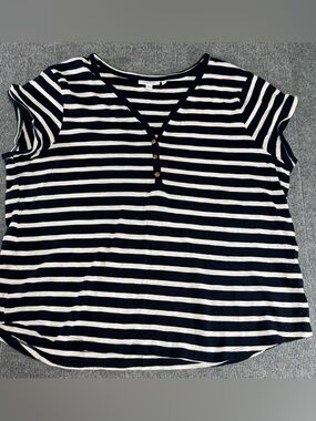 Coastal Grandma Chico's Navy Striped Henley Top 3 XL Nautical Cotton Modal chic